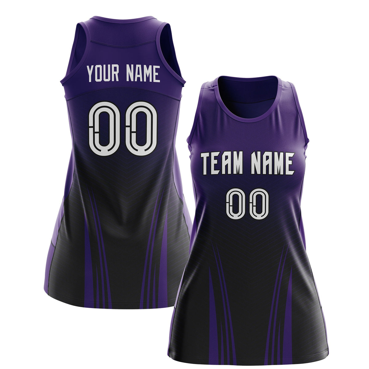 Custom Netball Dress | Purple Black V-Shaped Pinstripes Gradient Team Uniform