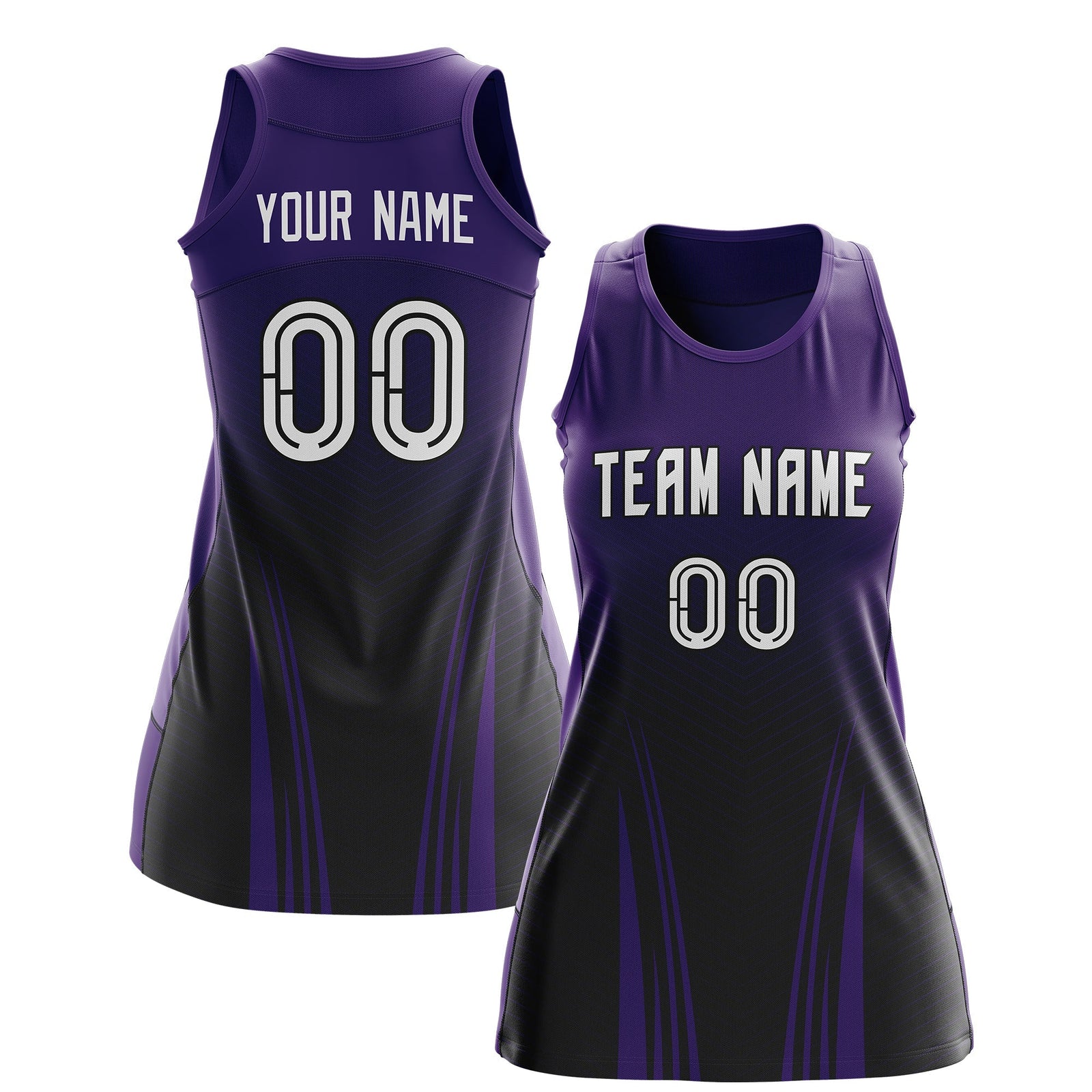 Custom Netball Dress | Purple Black V-Shaped Pinstripes Gradient Team Uniform