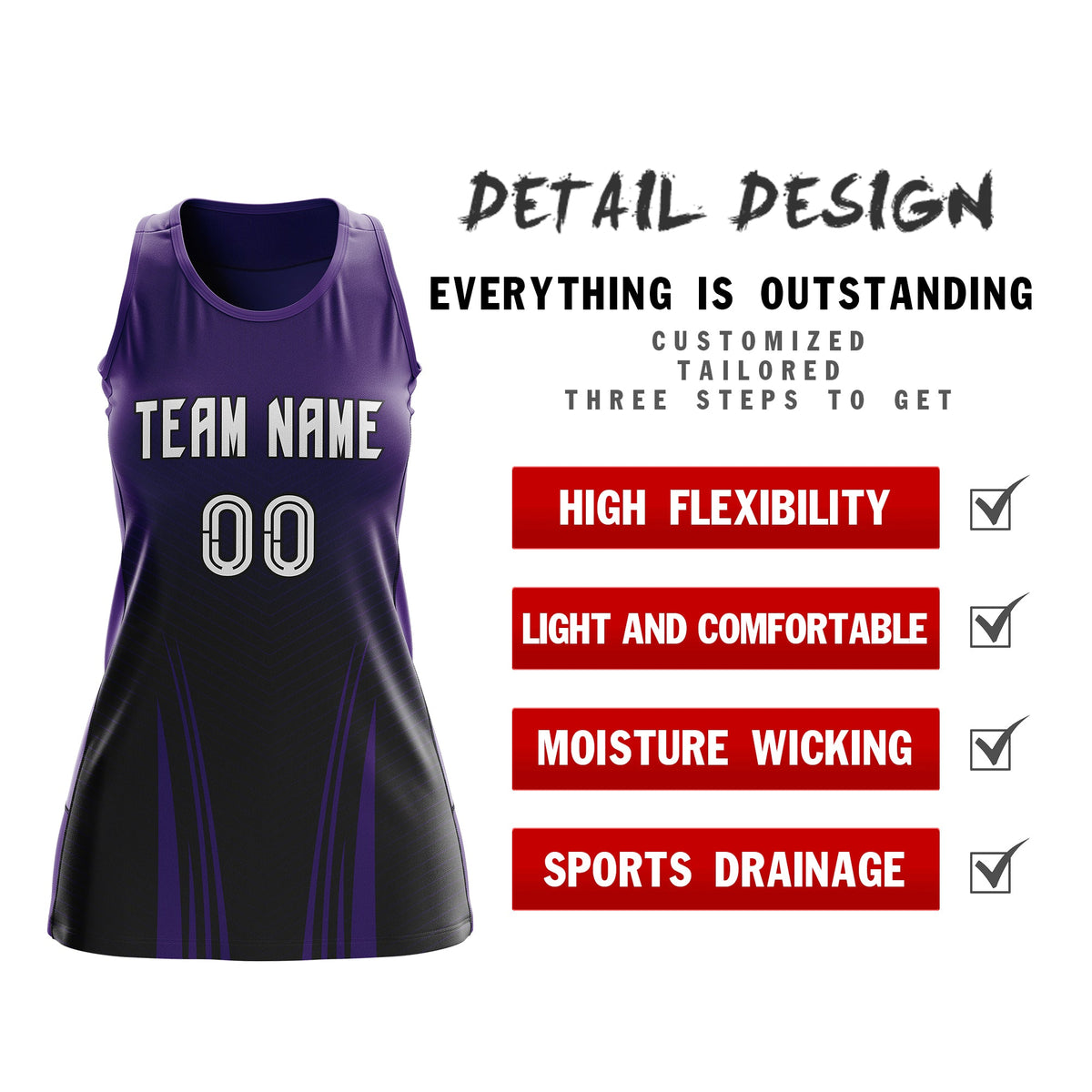 Custom Netball Dress | Purple Black V-Shaped Pinstripes Gradient Team Uniform