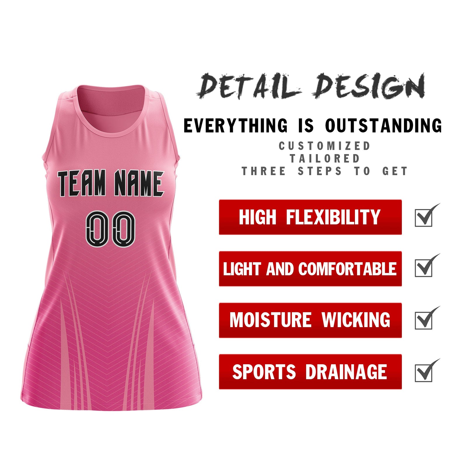 Custom Netball Dress Light Pink Pink for Women with V-Shaped Pinstripes Personalized Team Uniform
