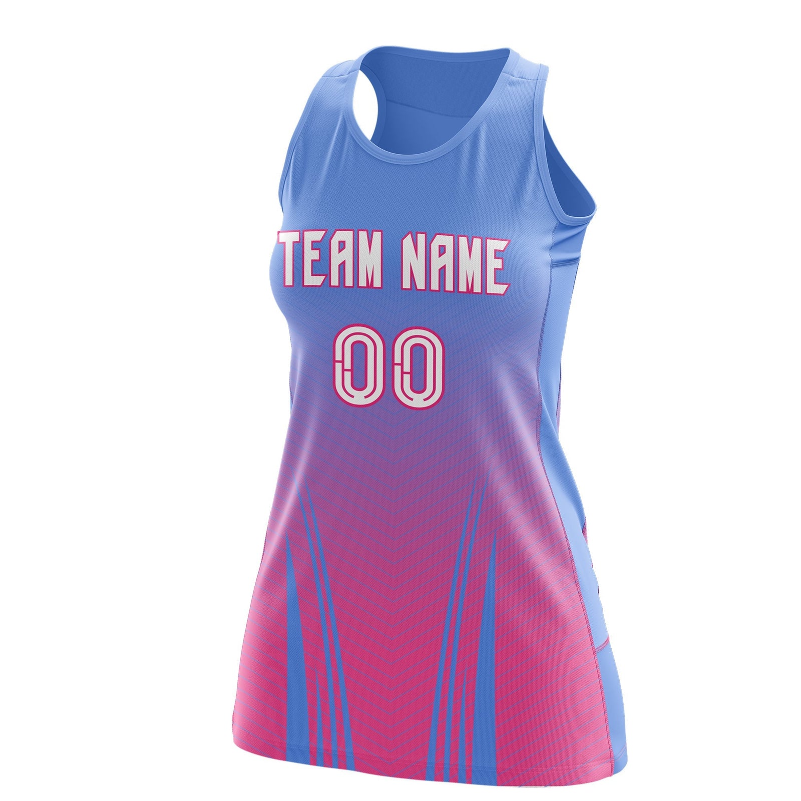 Custom Women Netball Dress | Light Blue Pink V-Shaped Pinstripes Uniform with Name & Number