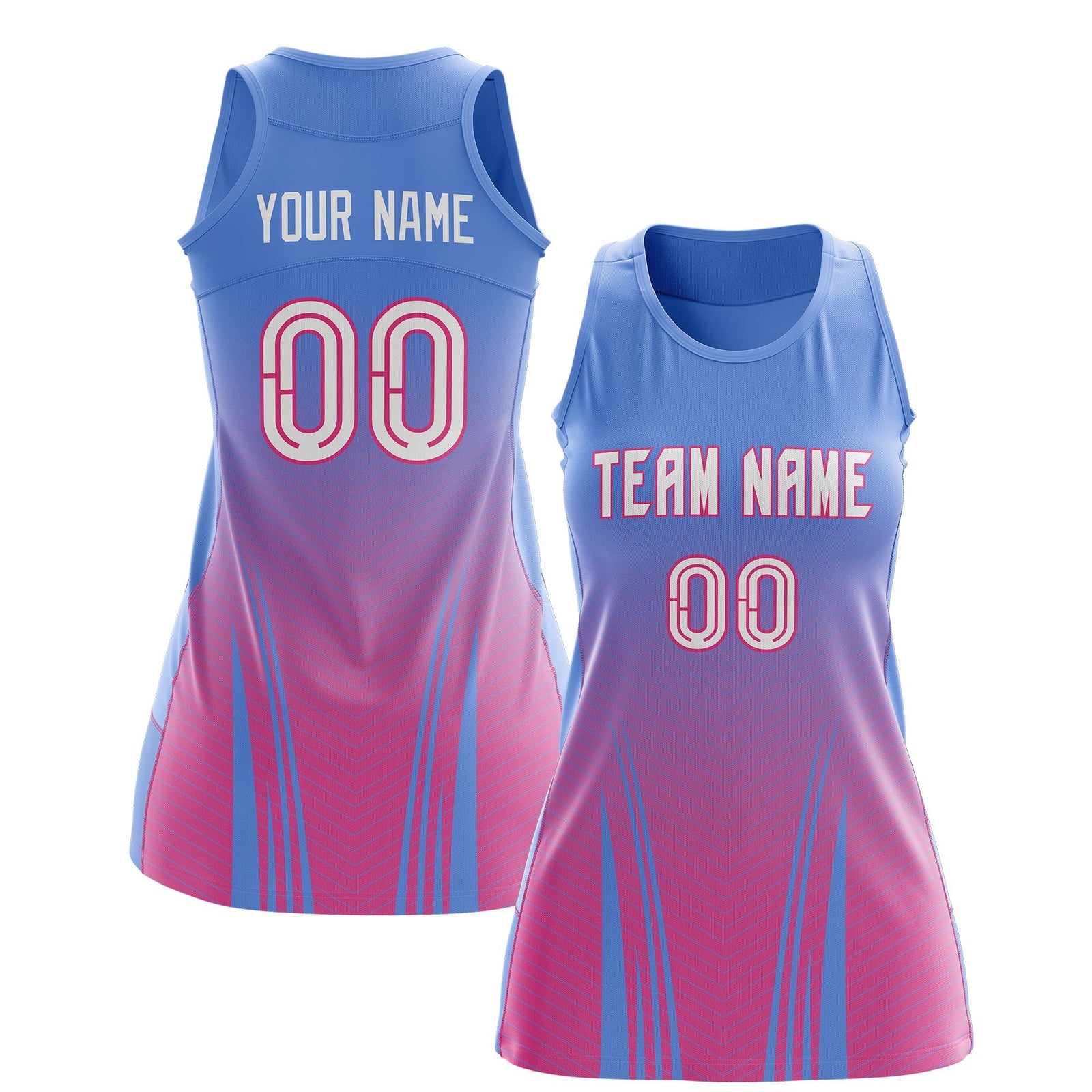 Custom Women Netball Dress | Light Blue Pink V-Shaped Pinstripes Uniform with Name & Number