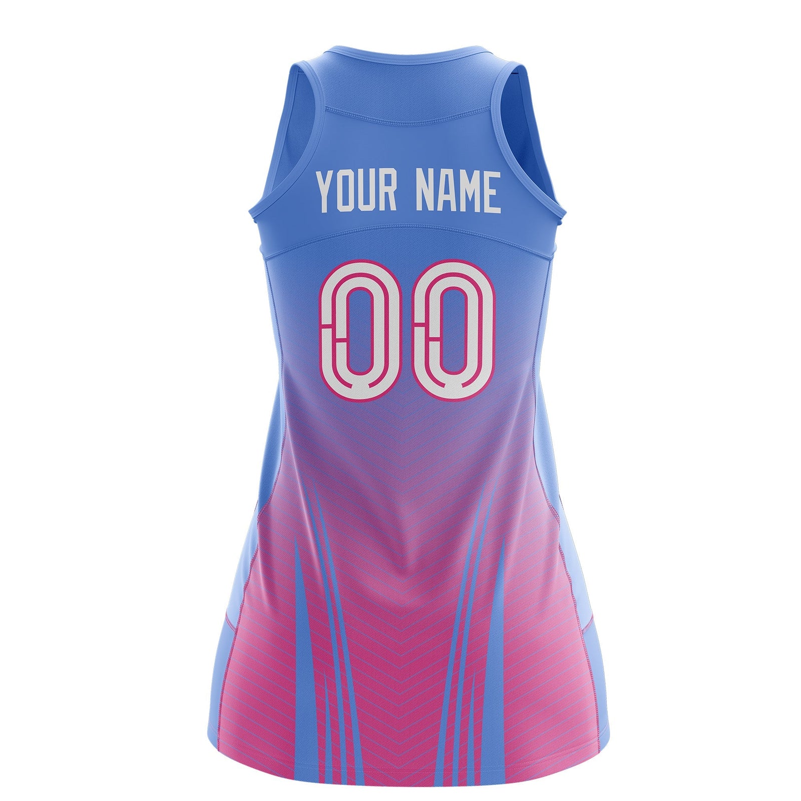 Custom Women Netball Dress | Light Blue Pink V-Shaped Pinstripes Uniform with Name & Number