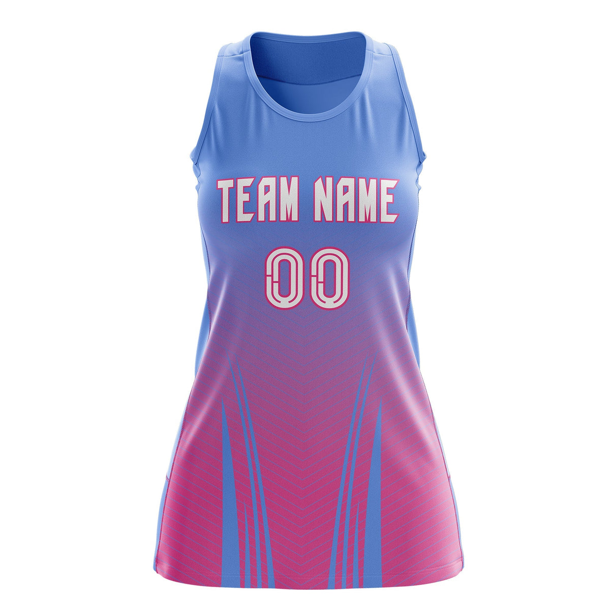 Custom Women Netball Dress | Light Blue Pink V-Shaped Pinstripes Uniform with Name &amp; Number