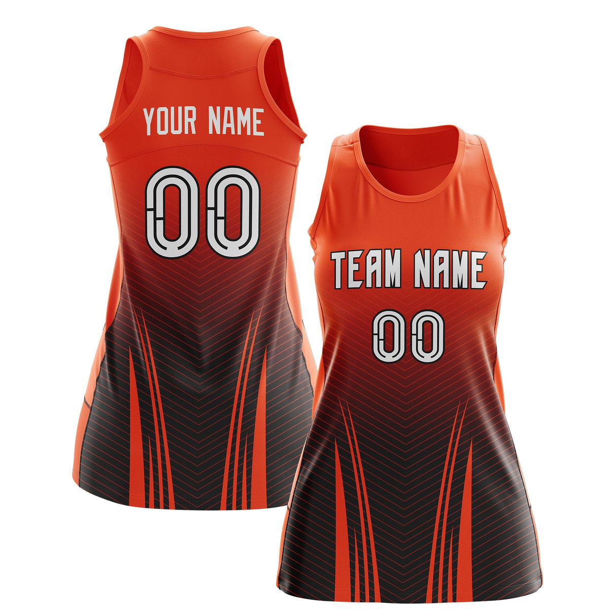 Custom Netball Dress Orange Black for Women with V-Shaped Pinstripes Personalized Team Uniform