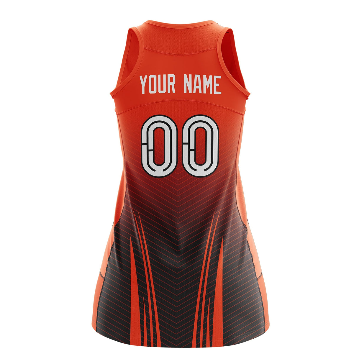 Custom Netball Dress Orange Black for Women with V-Shaped Pinstripes Personalized Team Uniform