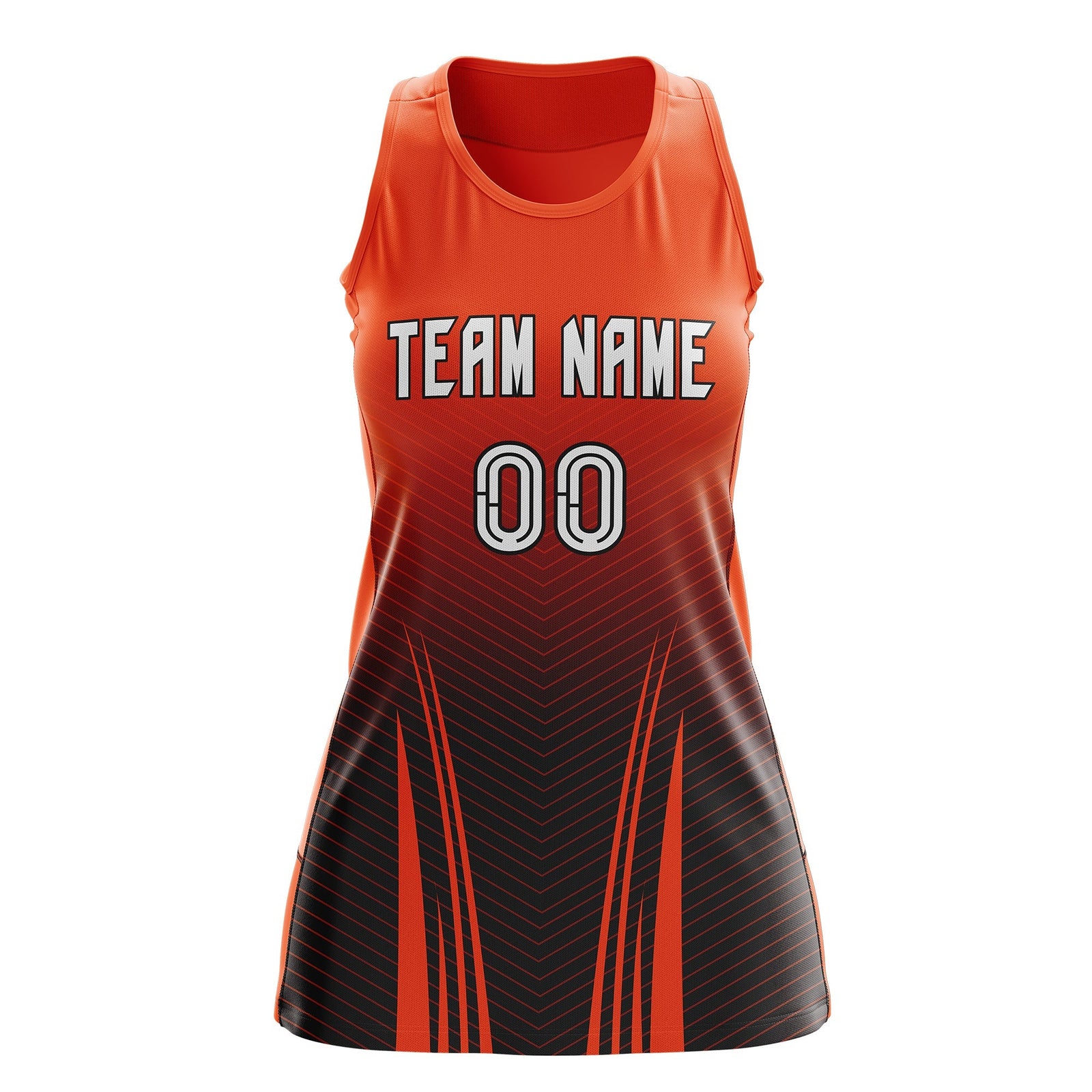 Custom Netball Dress Orange Black for Women with V-Shaped Pinstripes Personalized Team Uniform