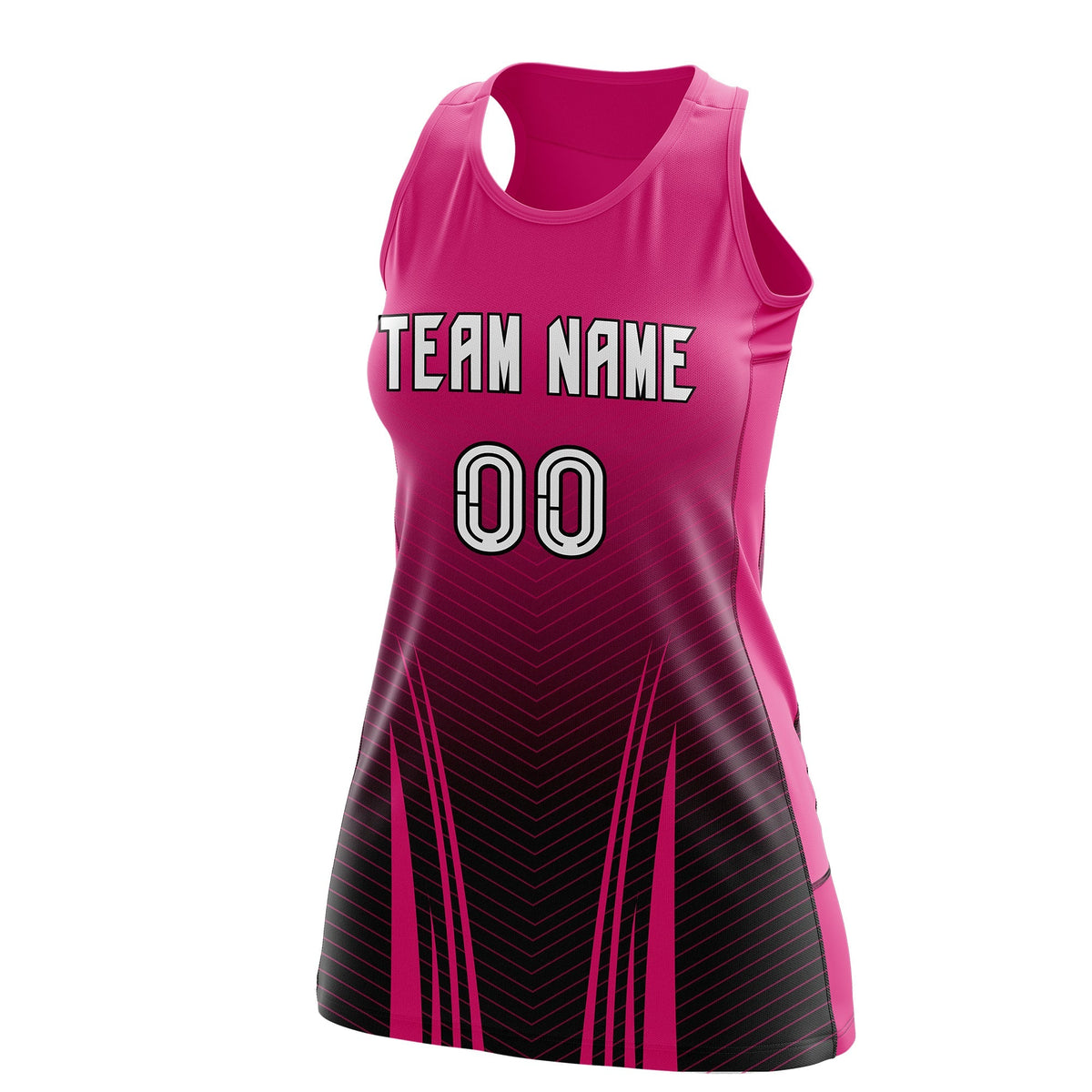 Custom Women Netball Dress | Rose Red Black V-Shaped Pinstripes Uniform with Name &amp; Number
