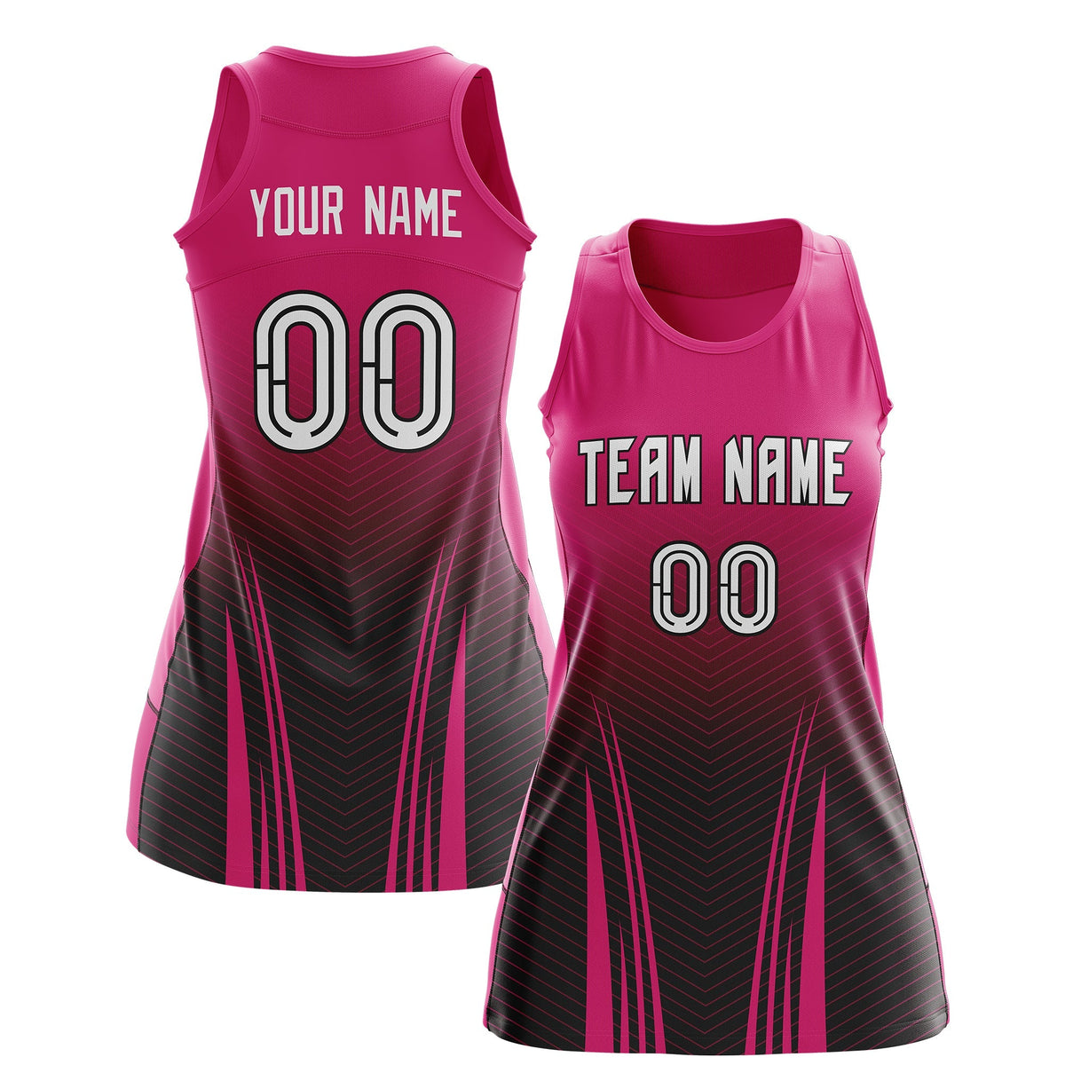 Custom Women Netball Dress | Rose Red Black V-Shaped Pinstripes Uniform with Name &amp; Number