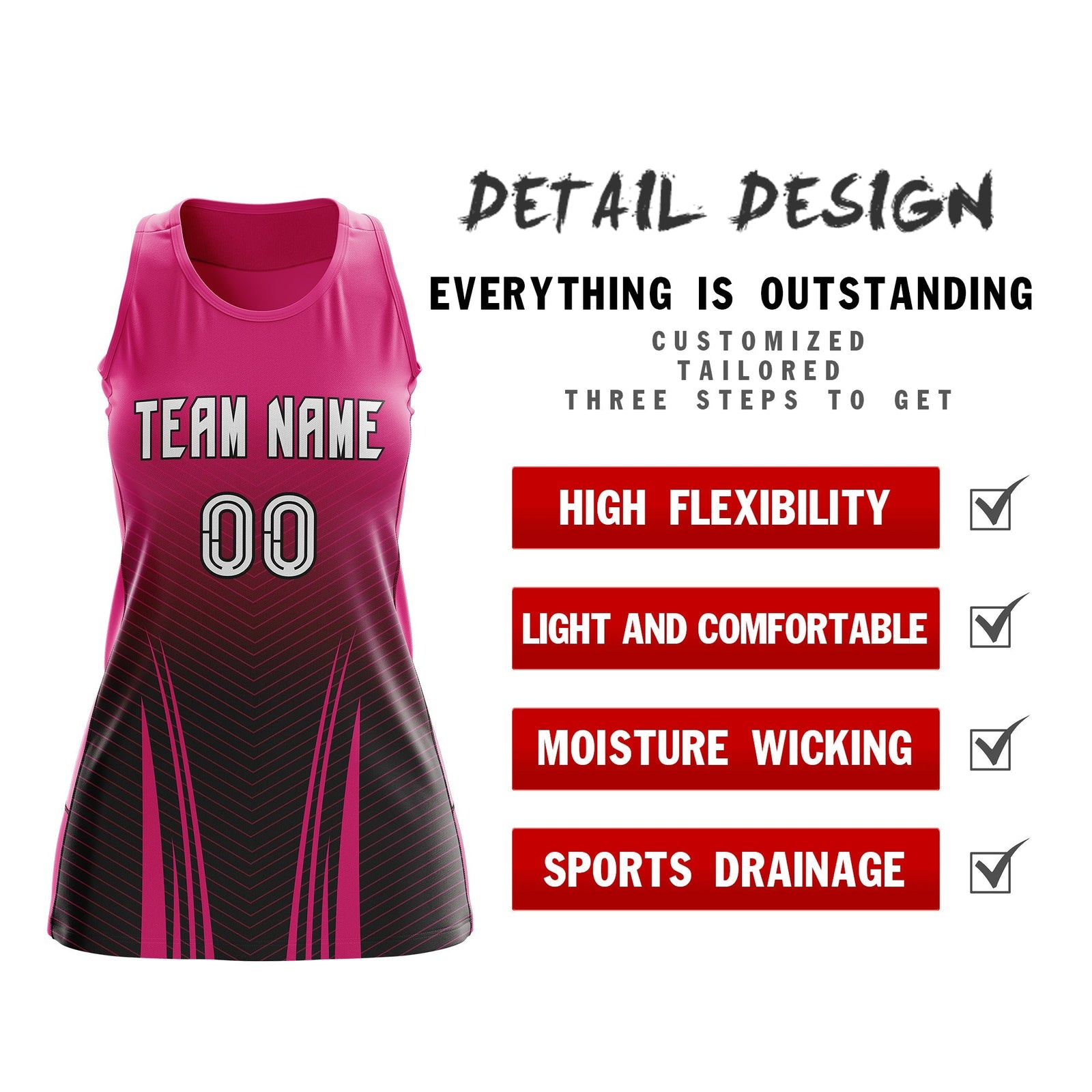 Custom Women Netball Dress | Rose Red Black V-Shaped Pinstripes Uniform with Name & Number