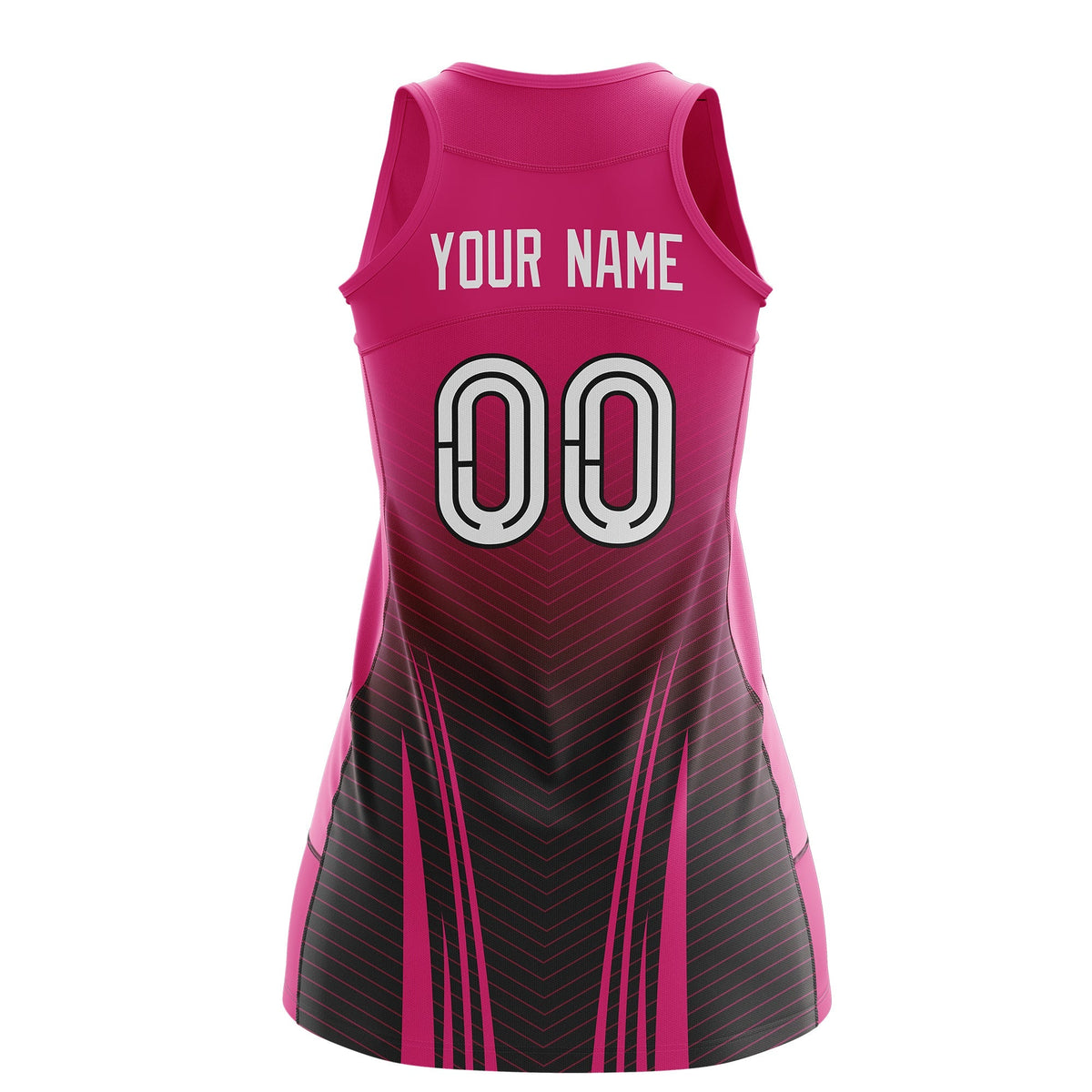 Custom Women Netball Dress | Rose Red Black V-Shaped Pinstripes Uniform with Name &amp; Number