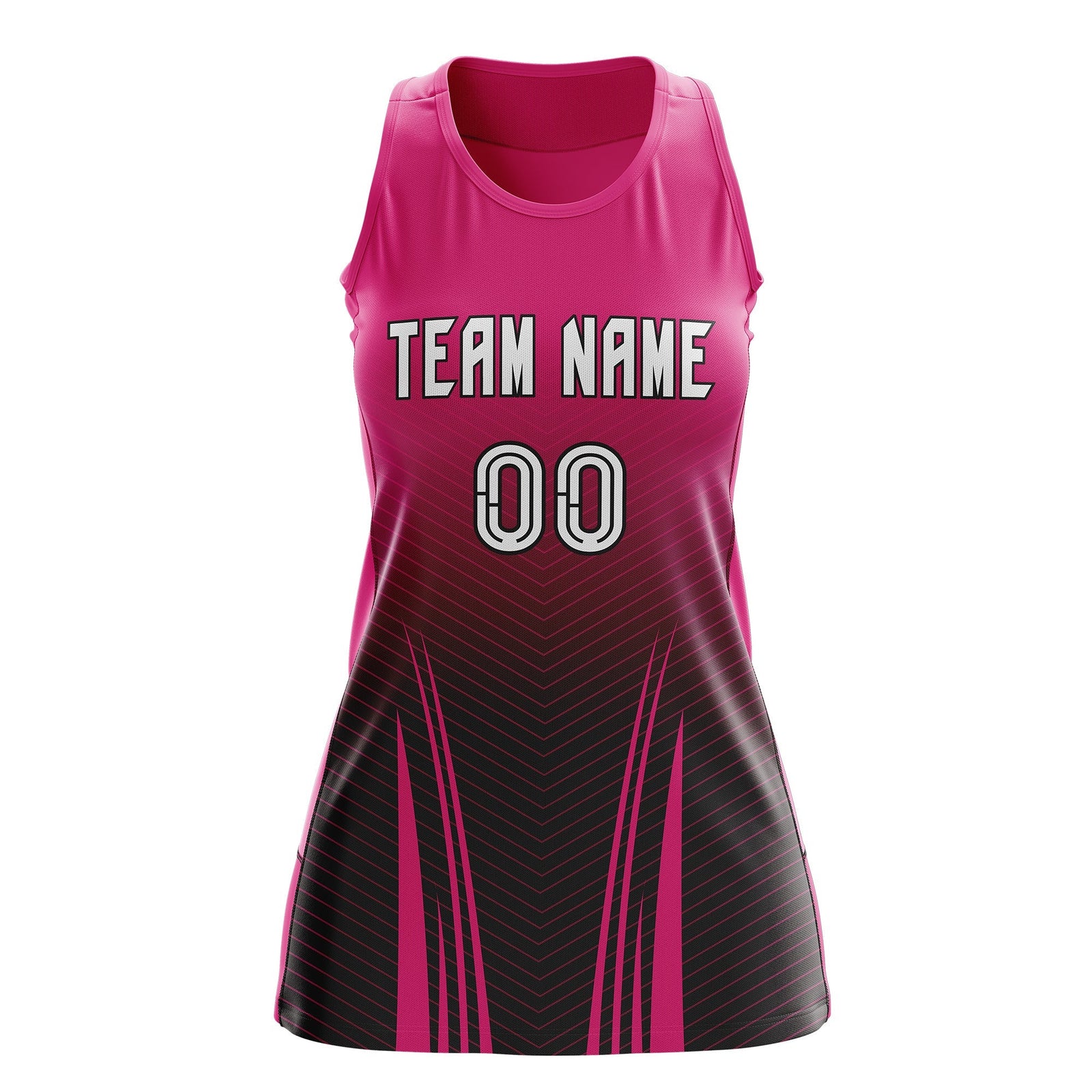 Custom Women Netball Dress | Rose Red Black V-Shaped Pinstripes Uniform with Name & Number
