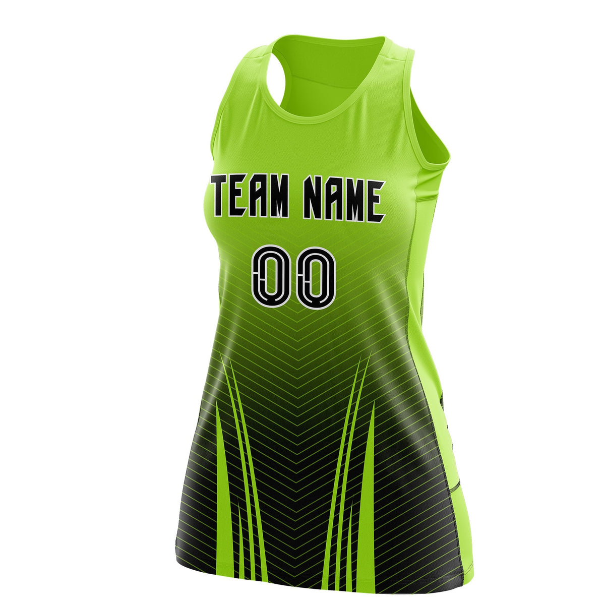 Custom Netball Dress | Neon Green Black V-Shaped Pinstripes Gradient Team Uniform