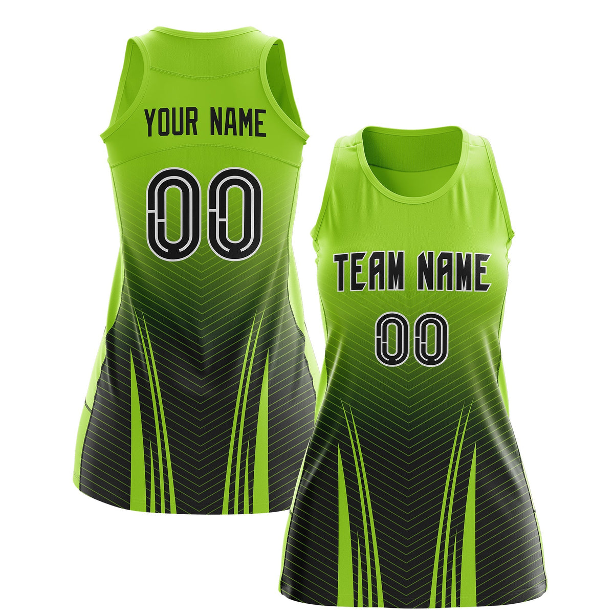 Custom Netball Dress | Neon Green Black V-Shaped Pinstripes Gradient Team Uniform