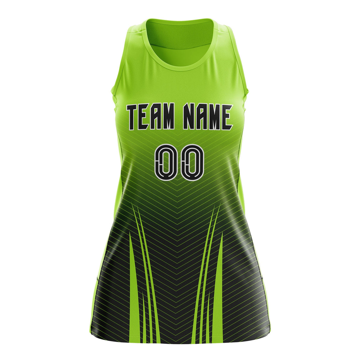 Custom Netball Dress | Neon Green Black V-Shaped Pinstripes Gradient Team Uniform