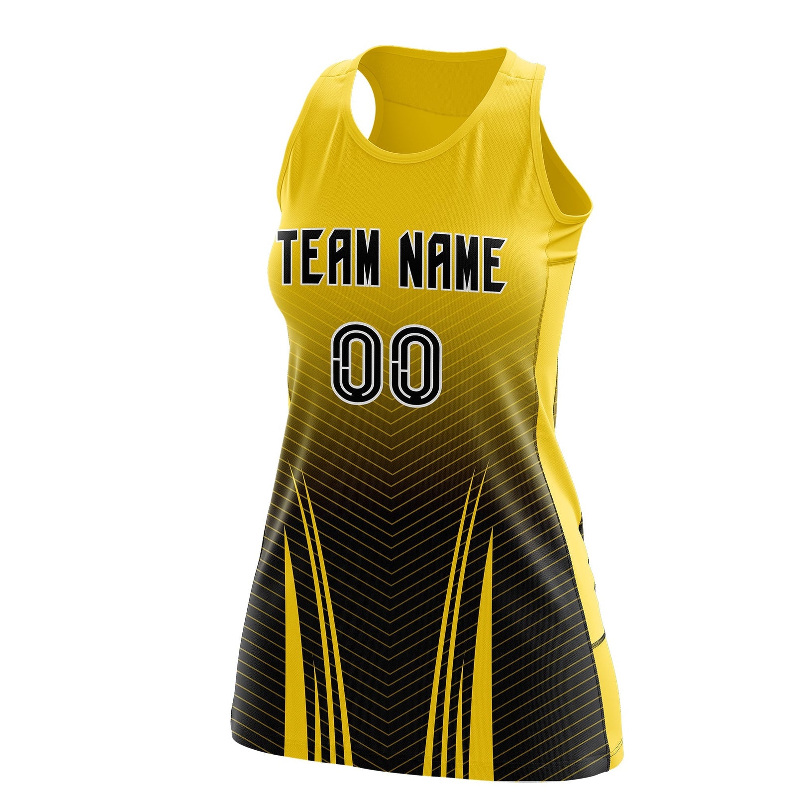 Custom Netball Dress Gold Black for Women with V-Shaped Pinstripes Personalized Team Uniform