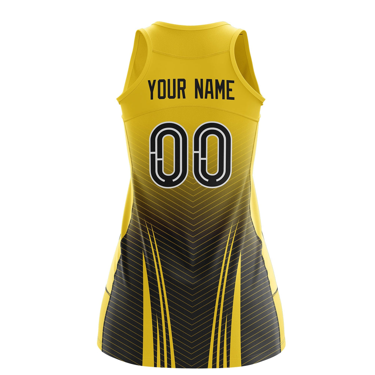 Custom Netball Dress Gold Black for Women with V-Shaped Pinstripes Personalized Team Uniform