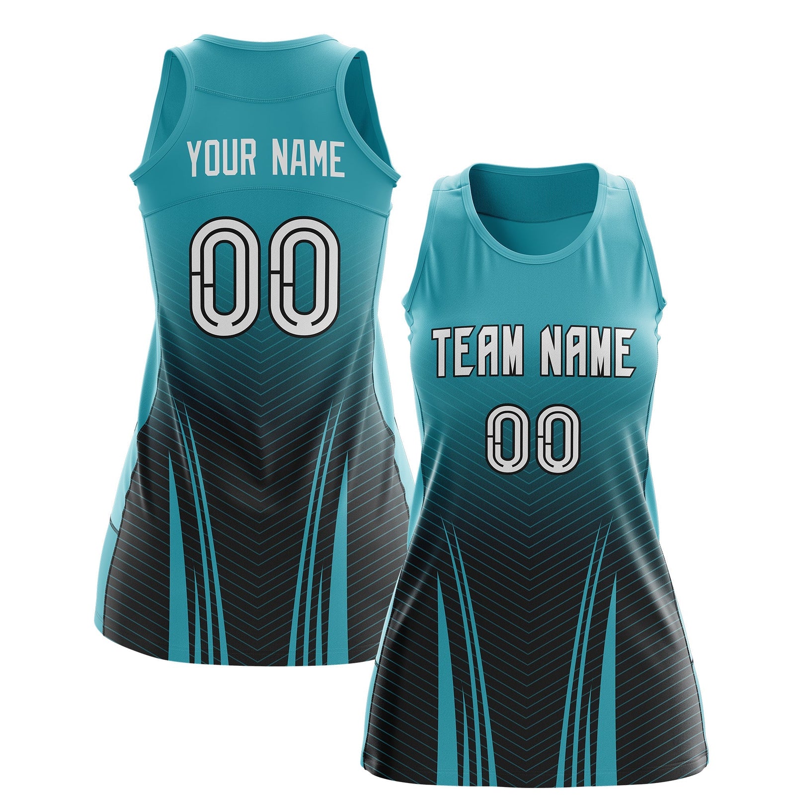 Custom Women Netball Dress | Aqua Black V-Shaped Pinstripes Uniform with Name & Number