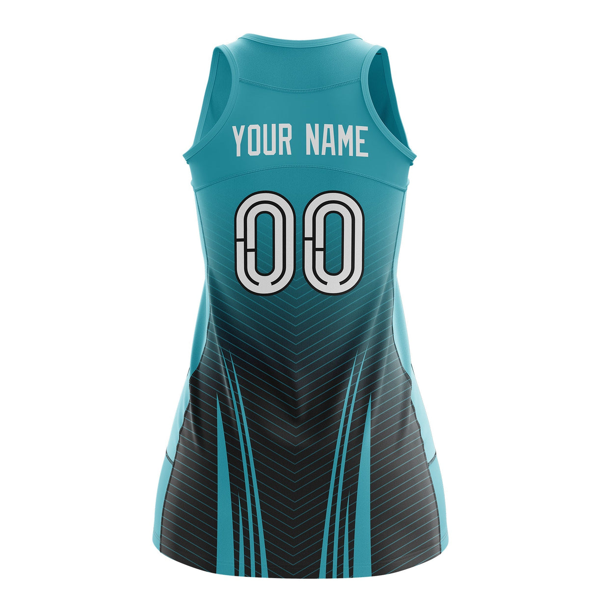 Custom Women Netball Dress | Aqua Black V-Shaped Pinstripes Uniform with Name &amp; Number