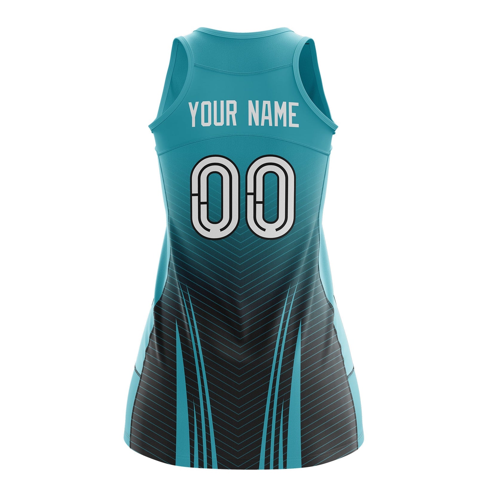 Custom Women Netball Dress | Aqua Black V-Shaped Pinstripes Uniform with Name & Number