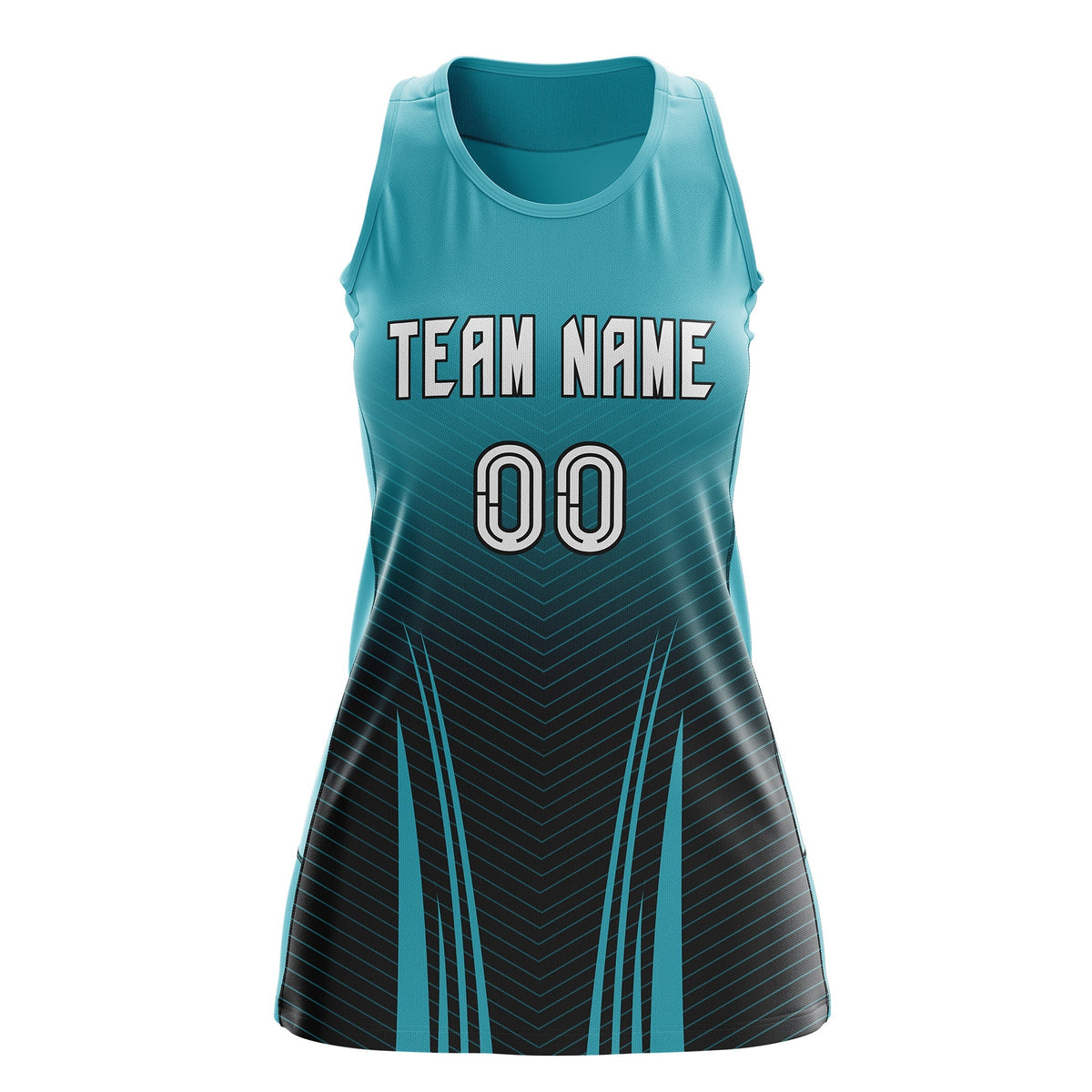 Custom Women Netball Dress | Aqua Black V-Shaped Pinstripes Uniform with Name &amp; Number