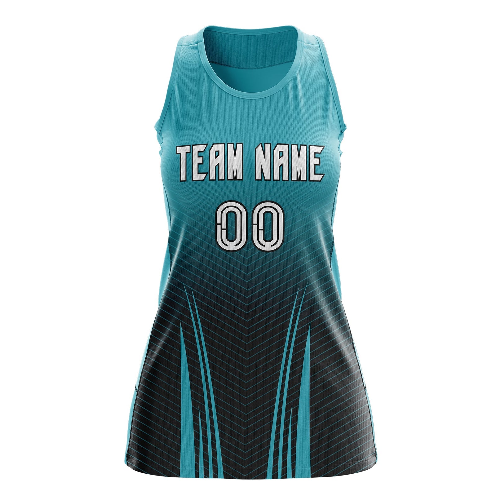 Custom Women Netball Dress | Aqua Black V-Shaped Pinstripes Uniform with Name & Number