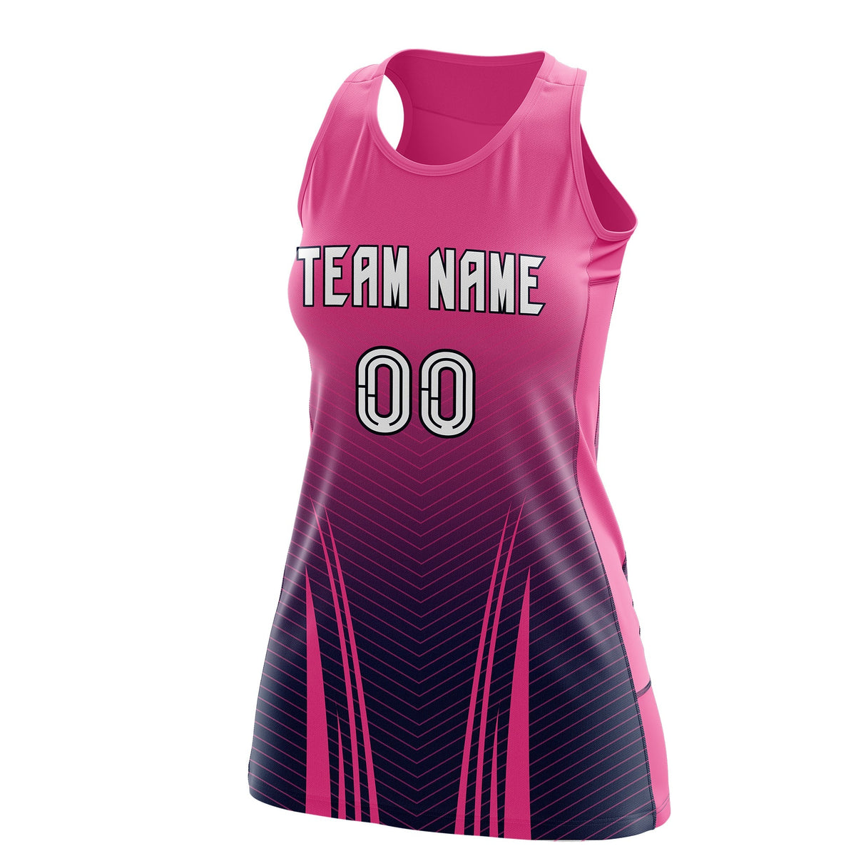 Custom Netball Dress | Rose Red Navy V-Shaped Pinstripes Gradient Team Uniform