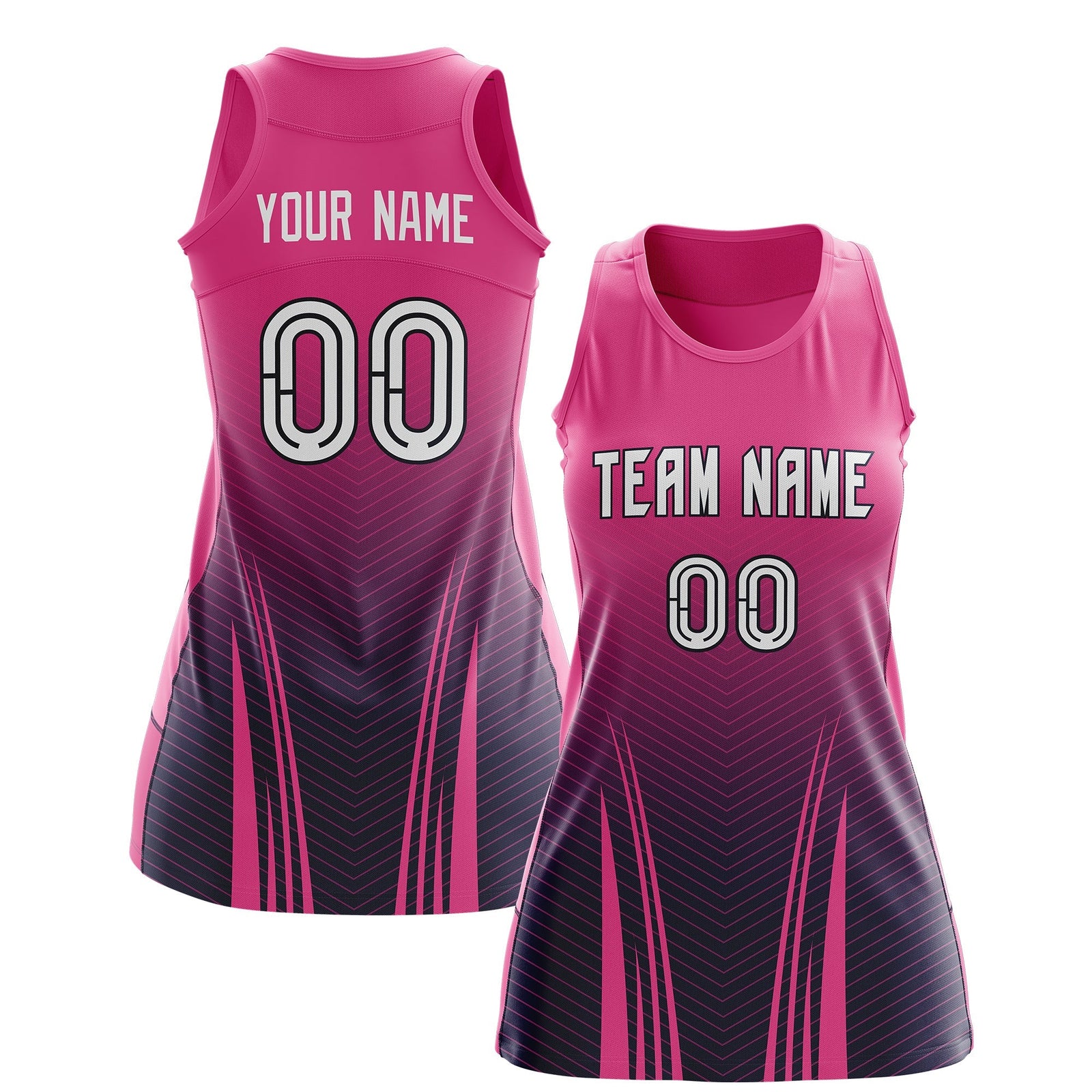 Custom Netball Dress | Rose Red Navy V-Shaped Pinstripes Gradient Team Uniform