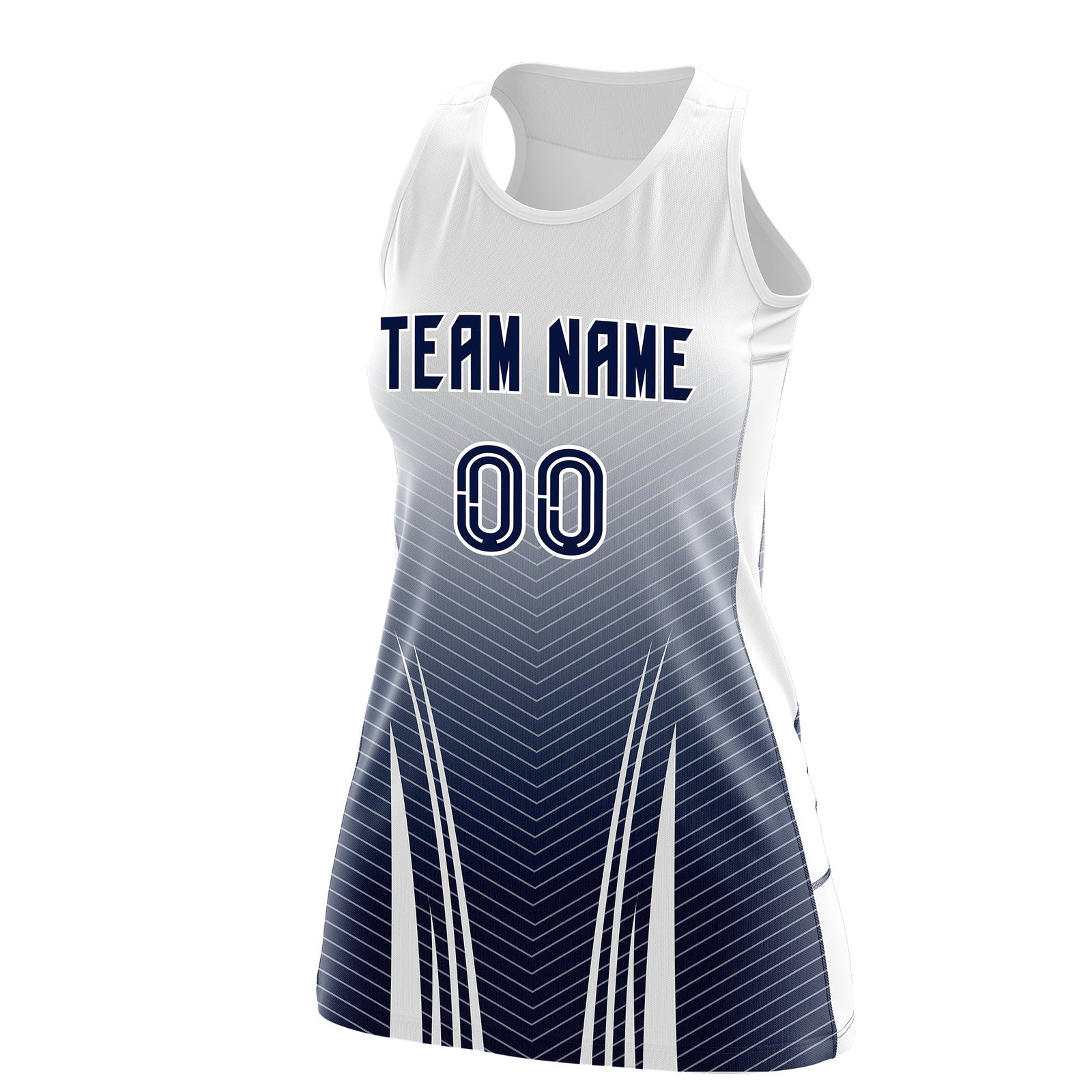 Custom Netball Dress White Navy for Women with V-Shaped Pinstripes Personalized Team Uniform