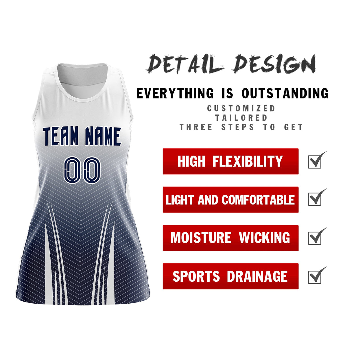 Custom Netball Dress White Navy for Women with V-Shaped Pinstripes Personalized Team Uniform