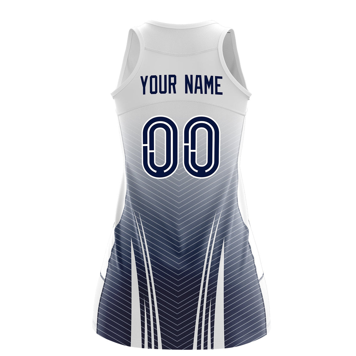 Custom Netball Dress White Navy for Women with V-Shaped Pinstripes Personalized Team Uniform
