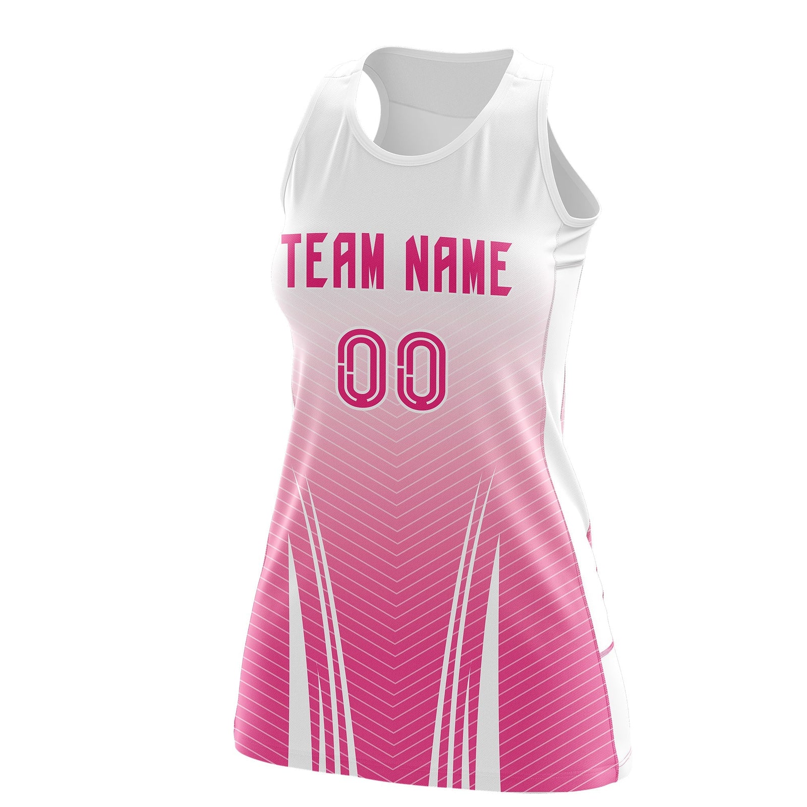 Custom Women Netball Dress | White Pink V-Shaped Pinstripes Uniform with Name & Number