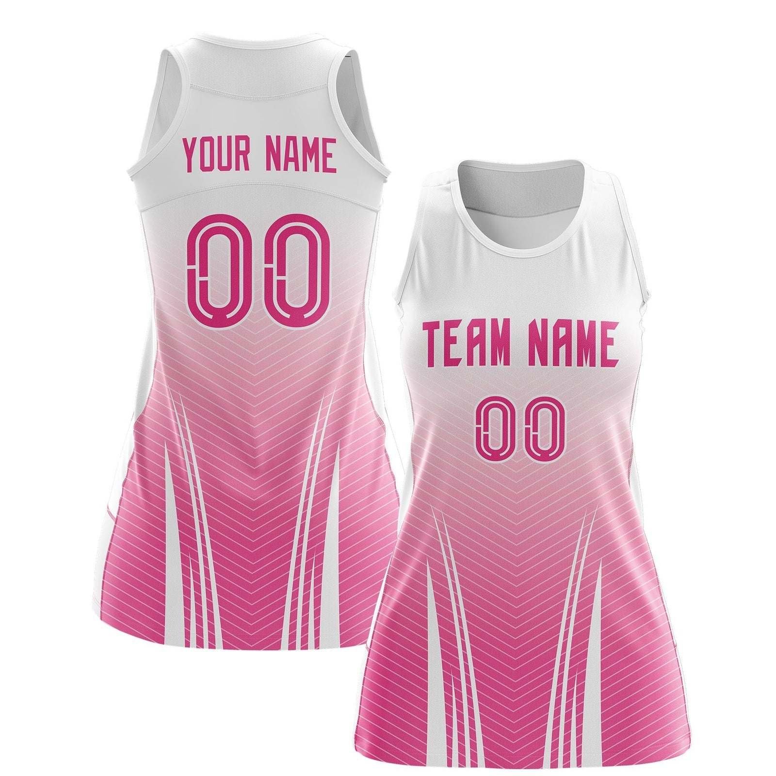 Custom Women Netball Dress | White Pink V-Shaped Pinstripes Uniform with Name & Number