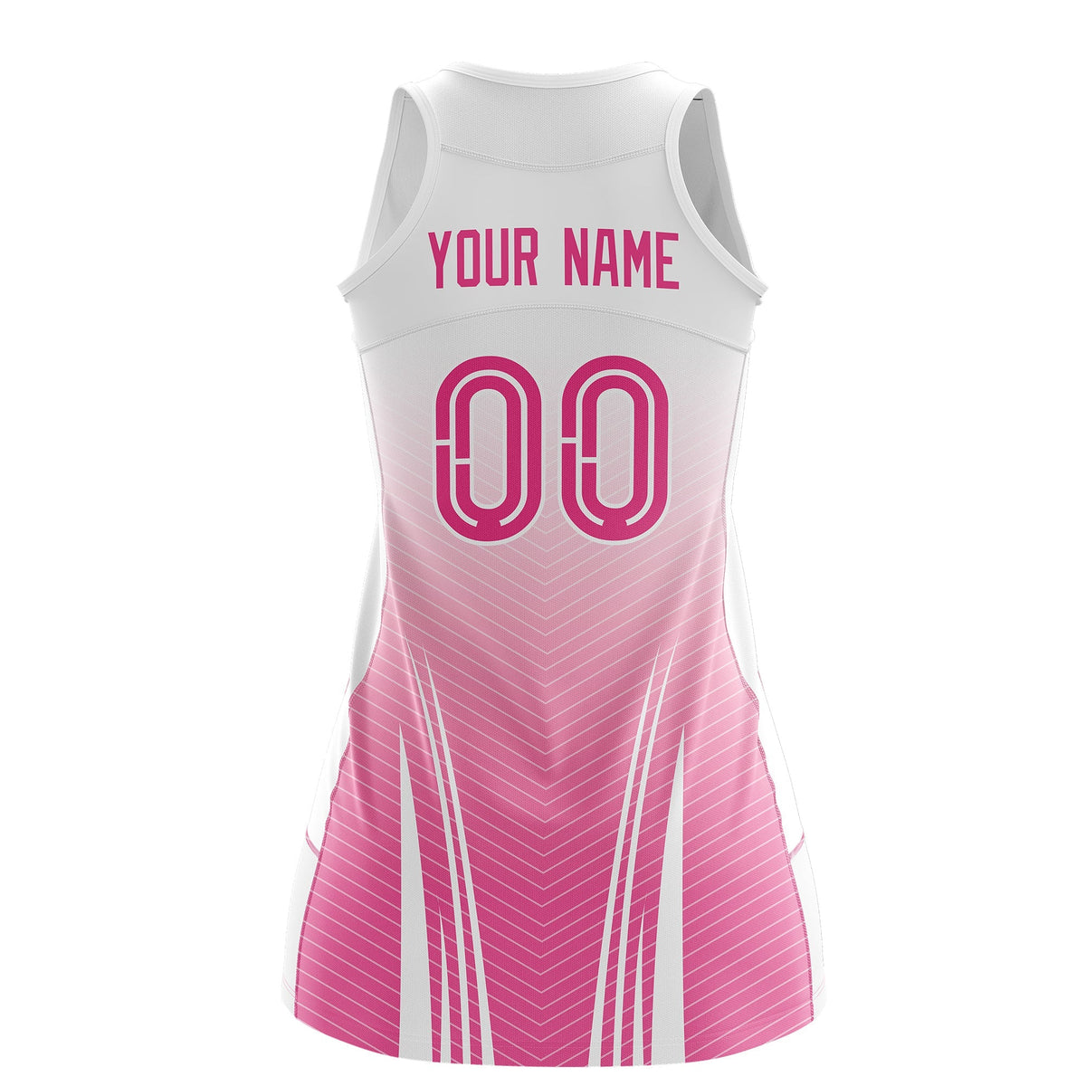 Custom Women Netball Dress | White Pink V-Shaped Pinstripes Uniform with Name &amp; Number