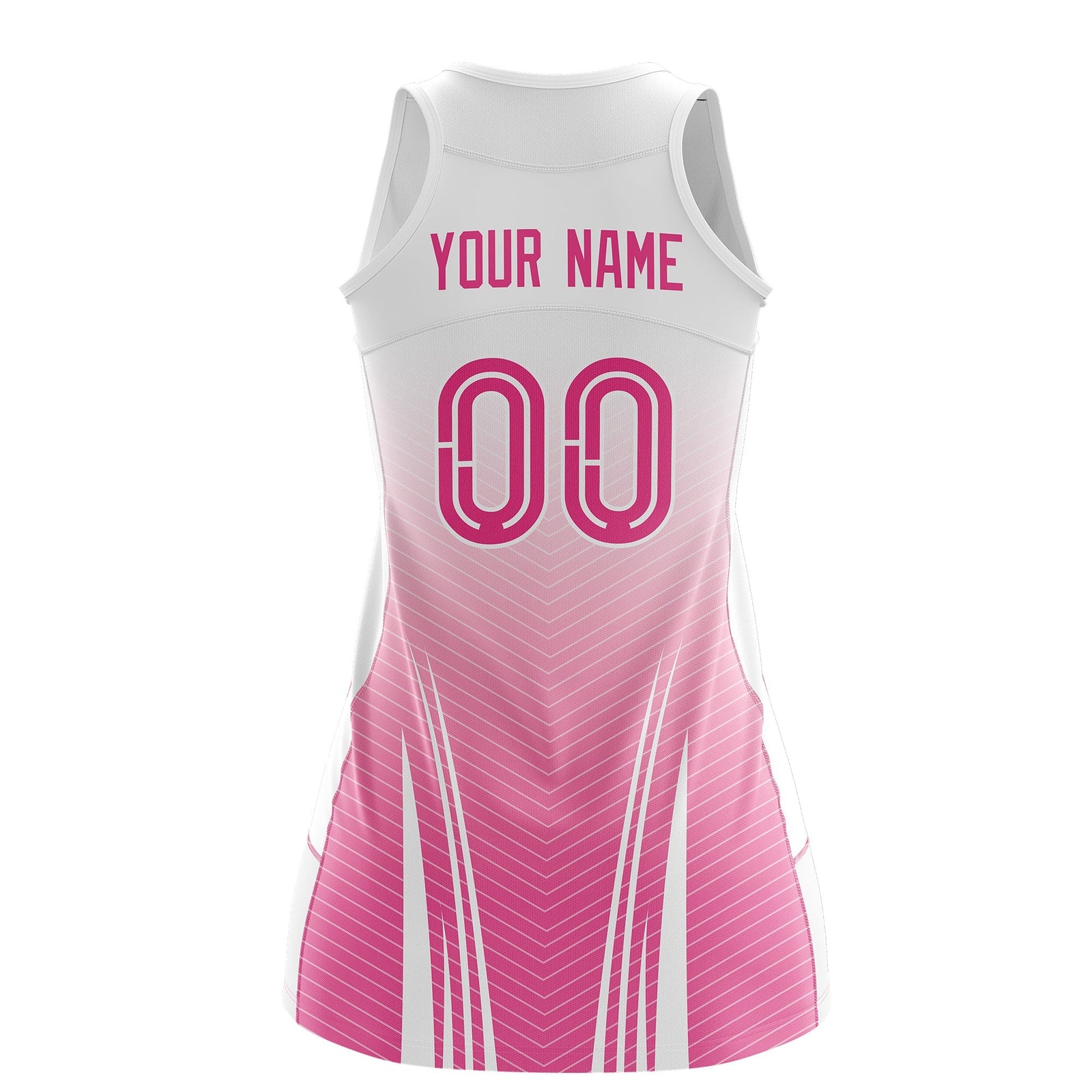 Custom Women Netball Dress | White Pink V-Shaped Pinstripes Uniform with Name & Number