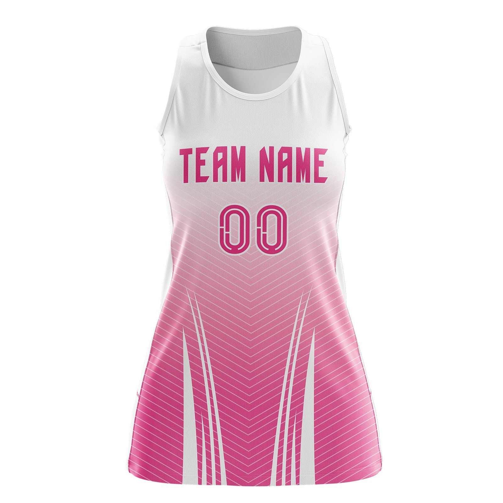 Custom Women Netball Dress | White Pink V-Shaped Pinstripes Uniform with Name & Number