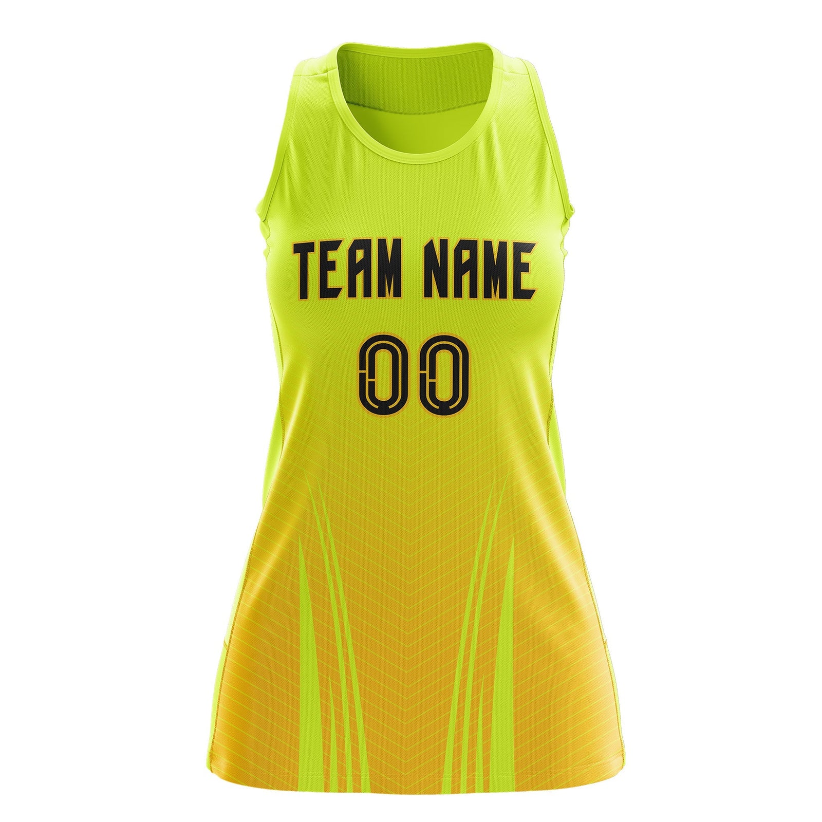 Custom Netball Dress Fluorescent Green Gold for Women with V-Shaped Pinstripes Personalized Team Uniform