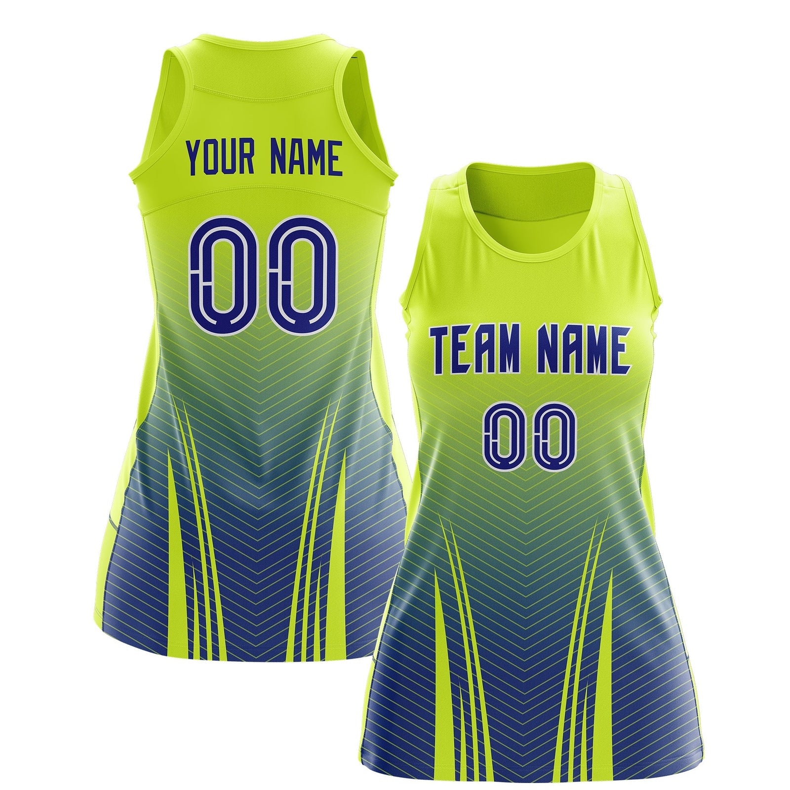 Custom Women Netball Dress | Fluorescent Green Royal Blue V-Shaped Pinstripes Uniform with Name & Number