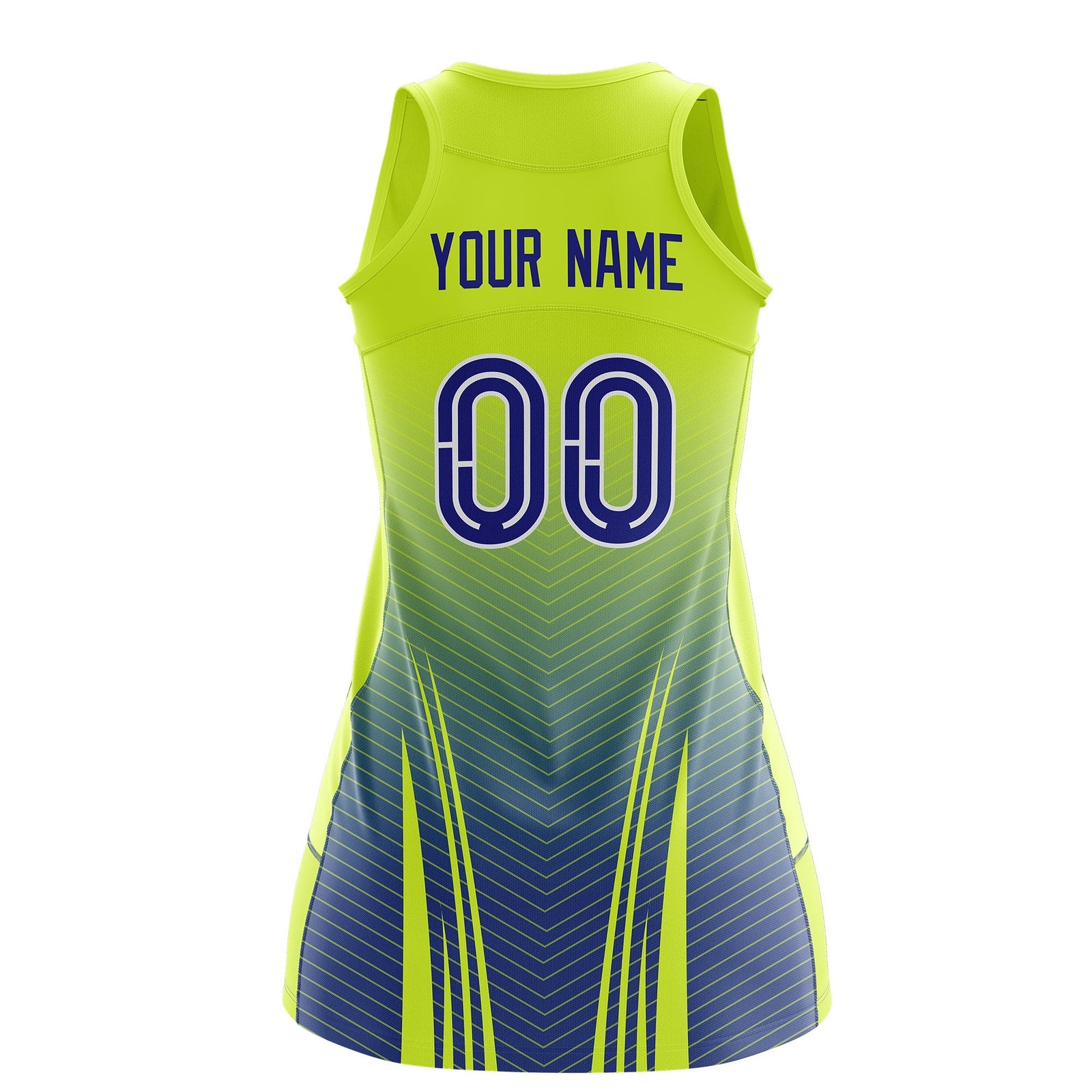Custom Women Netball Dress | Fluorescent Green Royal Blue V-Shaped Pinstripes Uniform with Name & Number