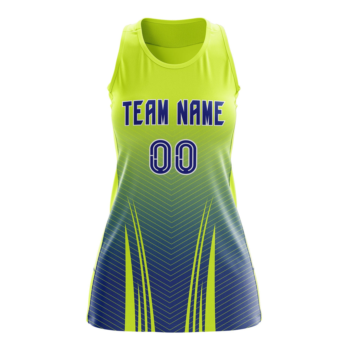 Custom Women Netball Dress | Fluorescent Green Royal Blue V-Shaped Pinstripes Uniform with Name &amp; Number