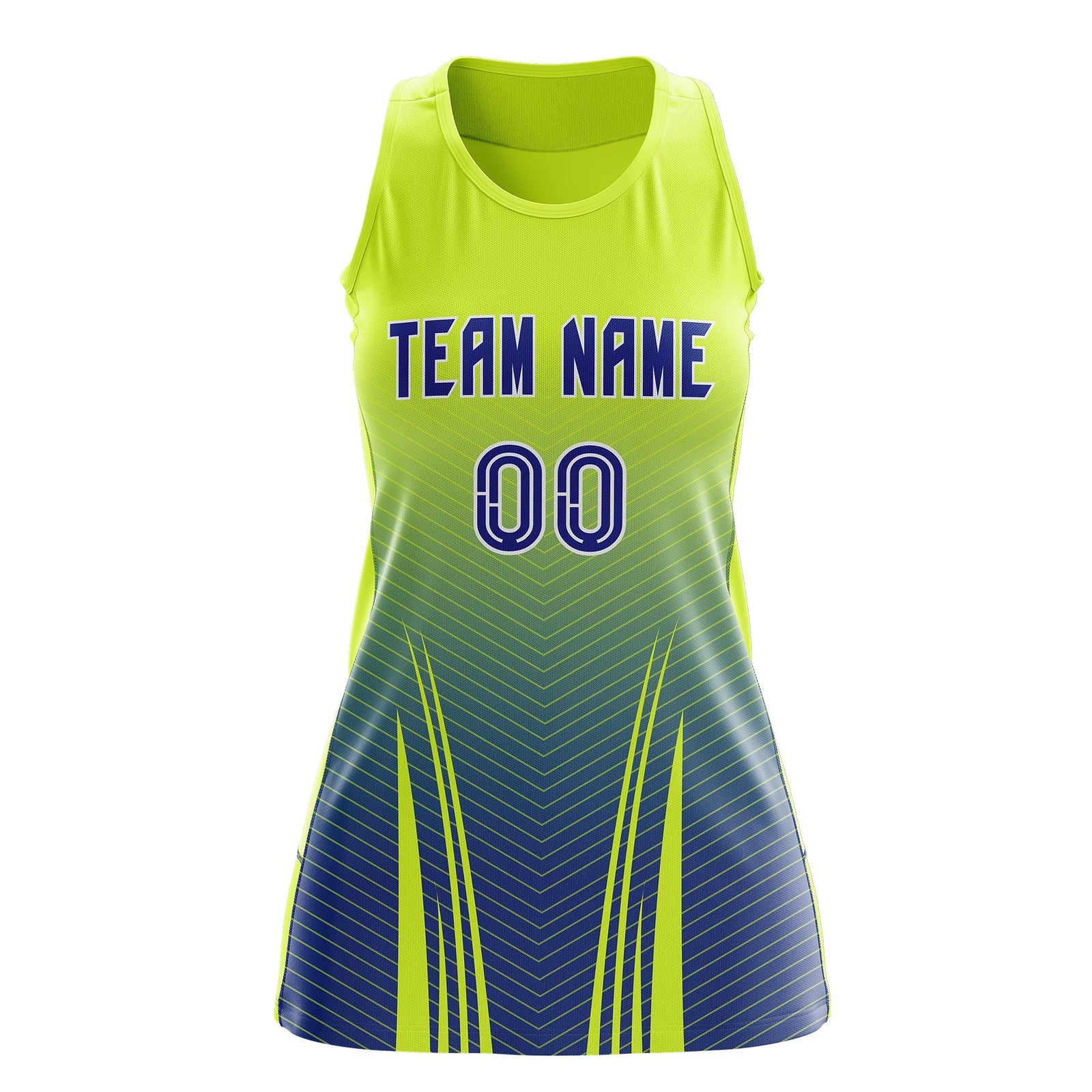 Custom Women Netball Dress | Fluorescent Green Royal Blue V-Shaped Pinstripes Uniform with Name & Number
