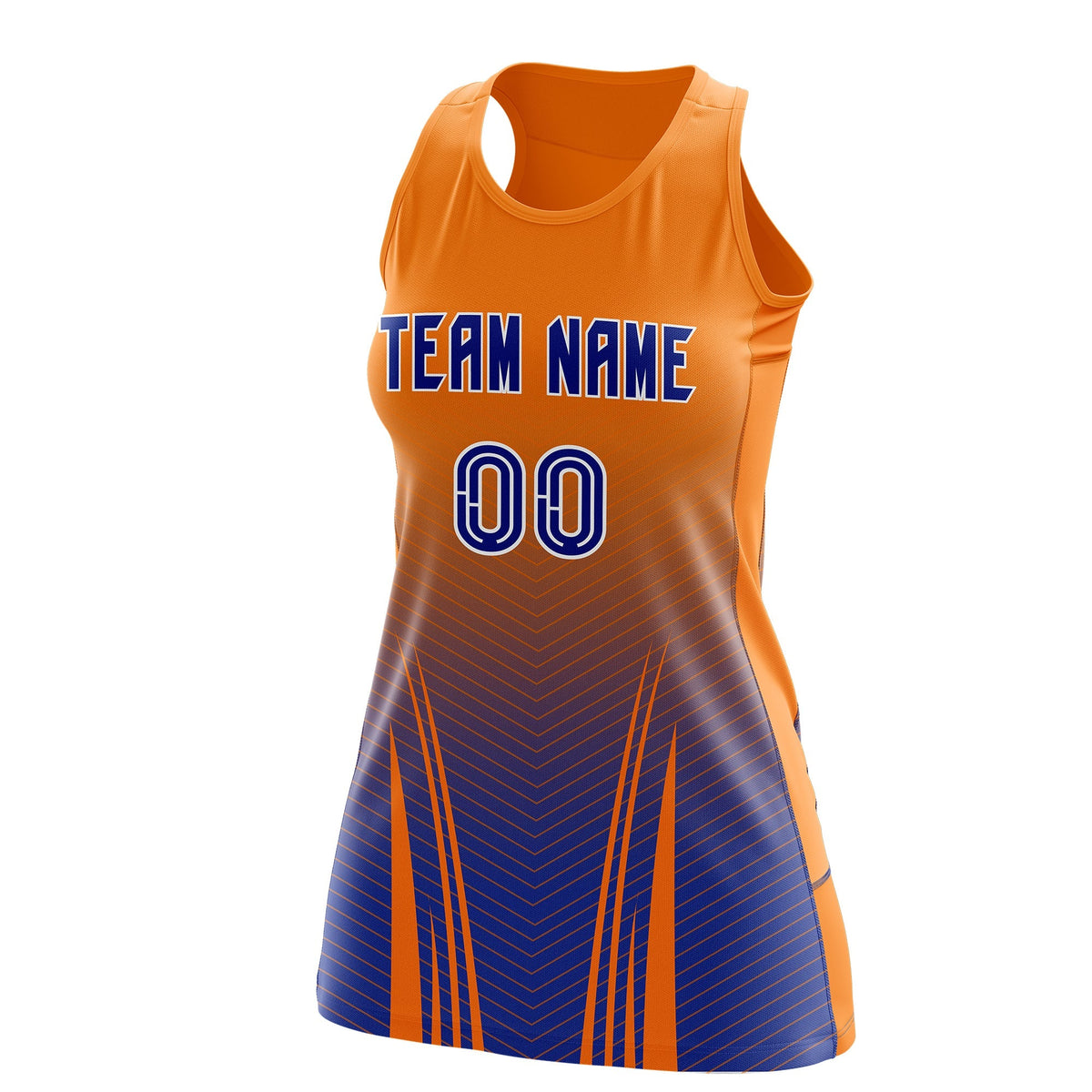 Custom Netball Dress | Orange Royal Blue V-Shaped Pinstripes Gradient Team Uniform