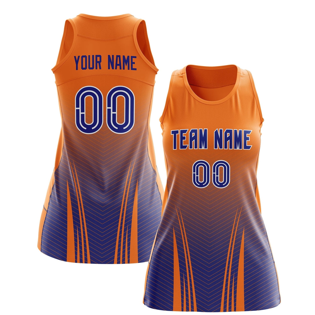 Custom Netball Dress | Orange Royal Blue V-Shaped Pinstripes Gradient Team Uniform