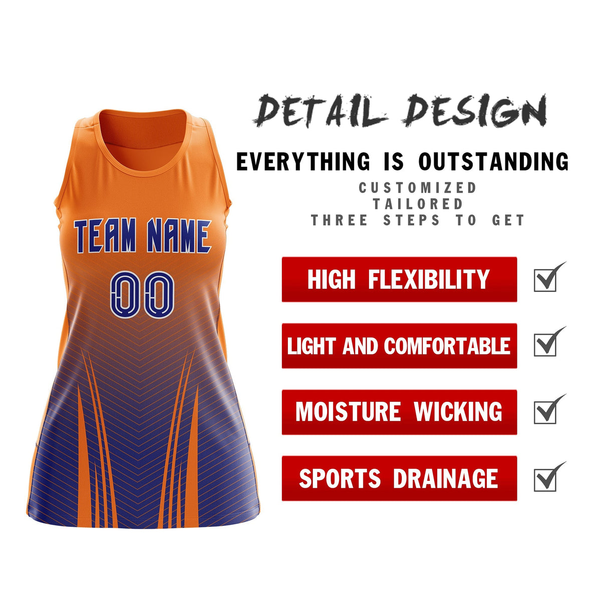 Custom Netball Dress | Orange Royal Blue V-Shaped Pinstripes Gradient Team Uniform