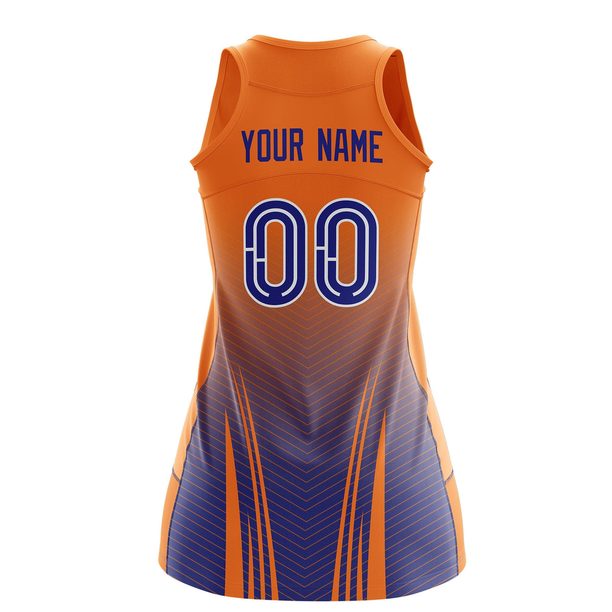 Custom Netball Dress | Orange Royal Blue V-Shaped Pinstripes Gradient Team Uniform