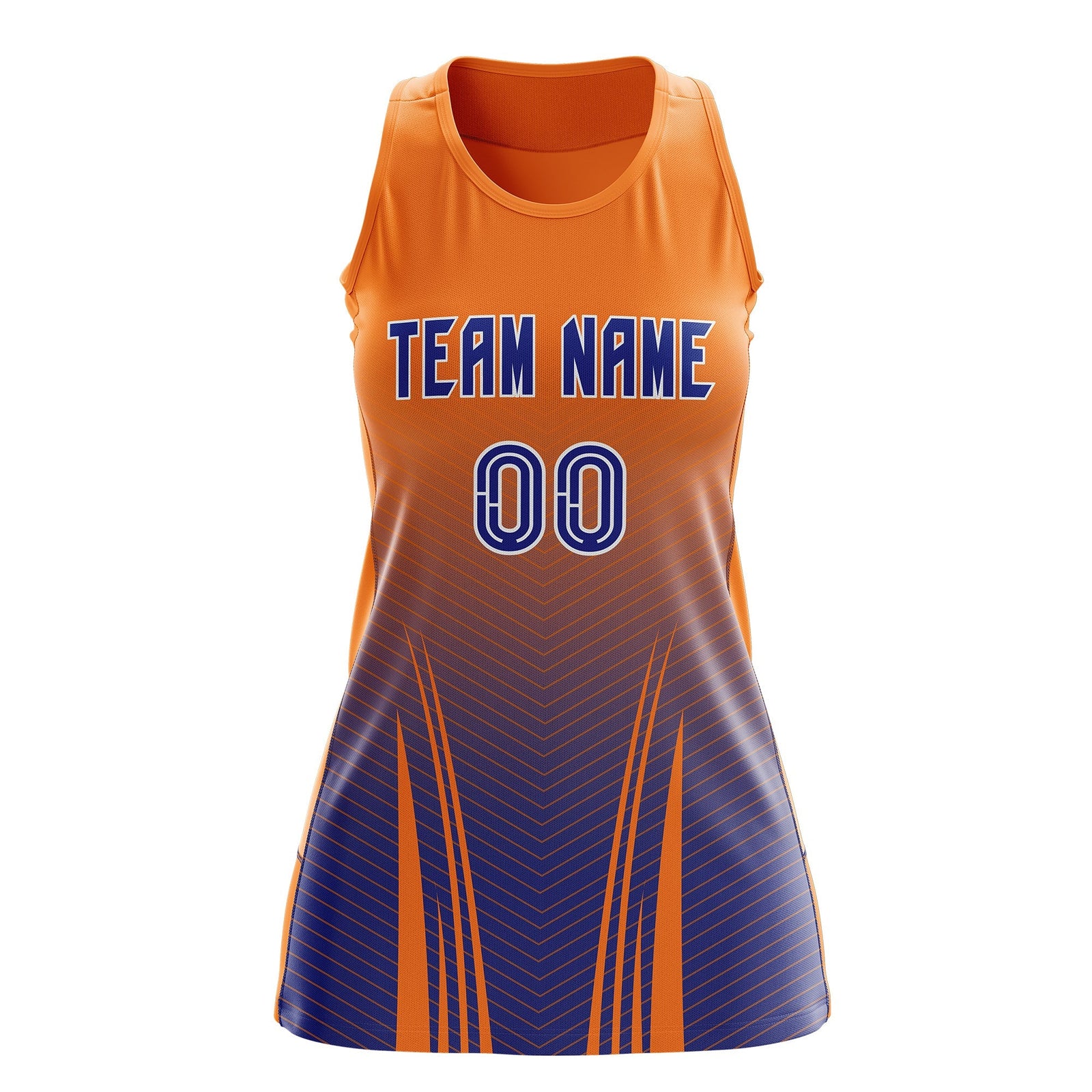 Custom Netball Dress | Orange Royal Blue V-Shaped Pinstripes Gradient Team Uniform