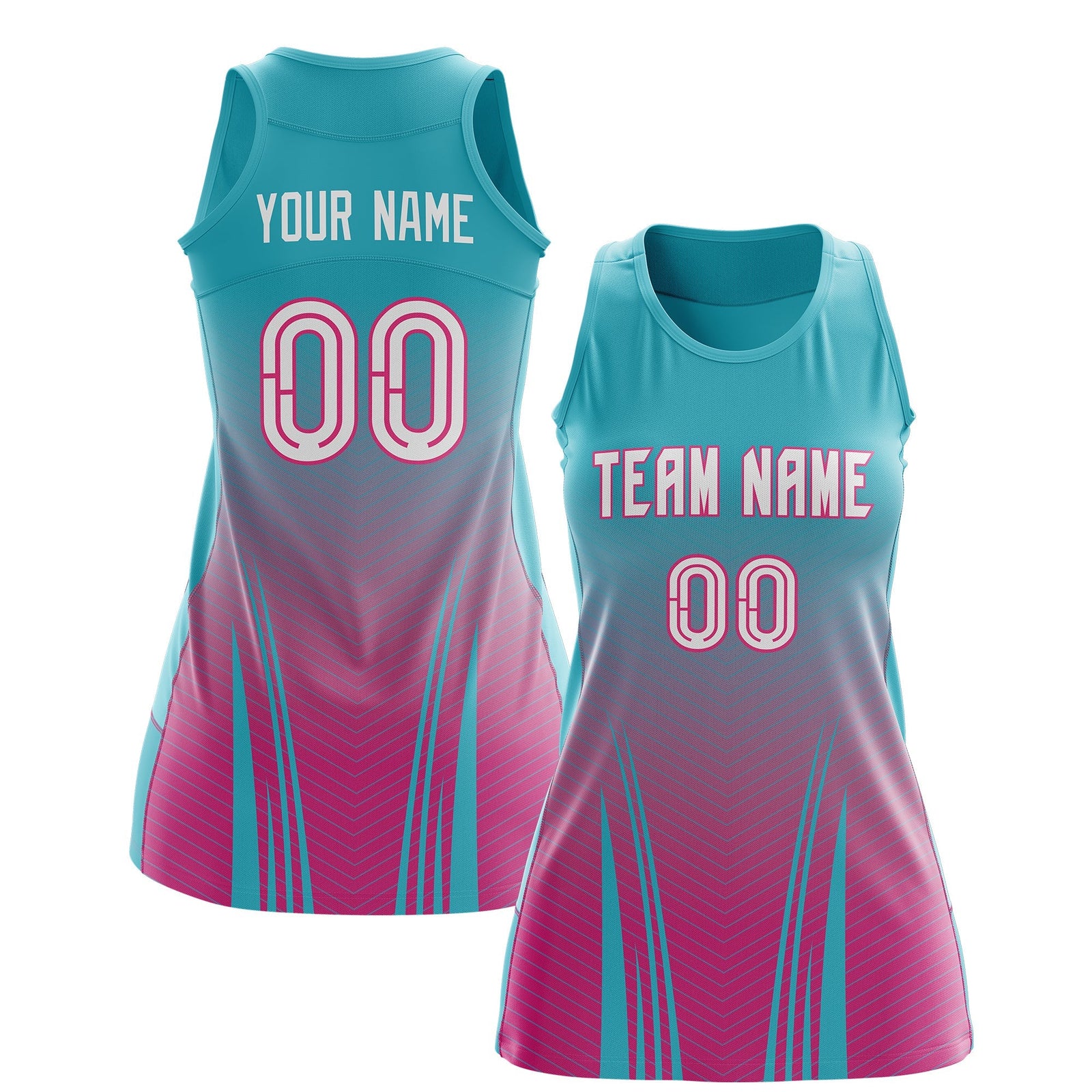 Custom Netball Dress Aqua Rose Red for Women with V-Shaped Pinstripes Personalized Team Uniform