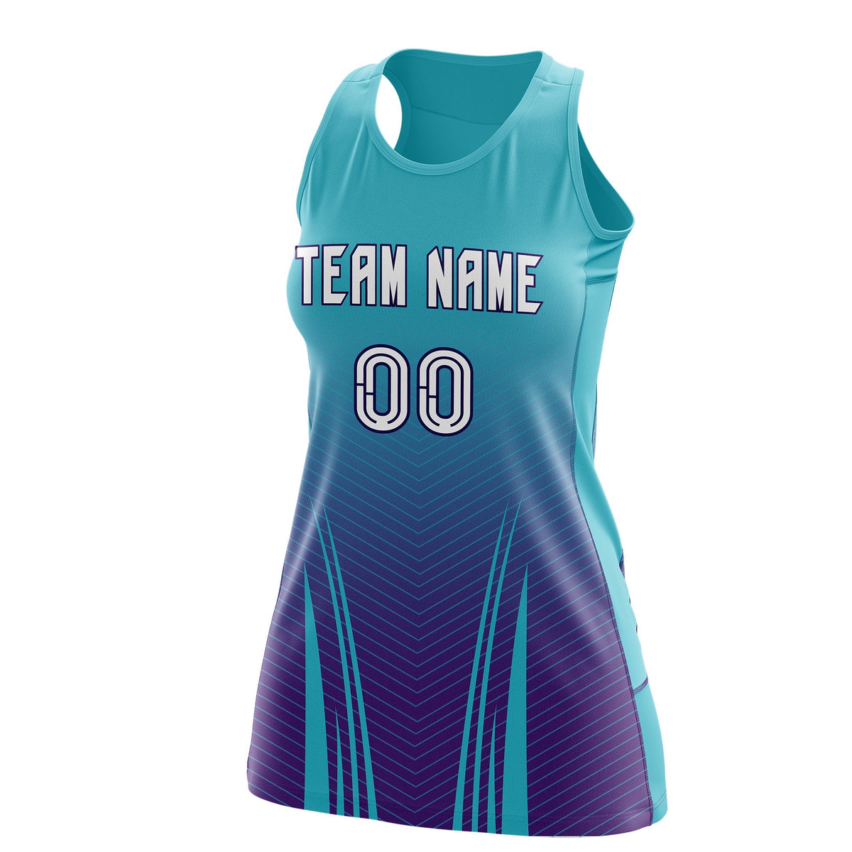 Custom Women Netball Dress | Aqua Purple V-Shaped Pinstripes Uniform with Name &amp; Number