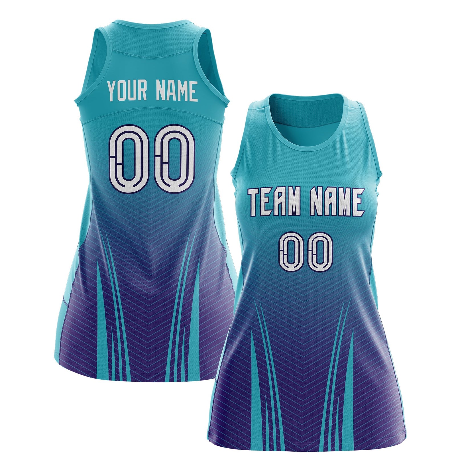 Custom Women Netball Dress | Aqua Purple V-Shaped Pinstripes Uniform with Name & Number