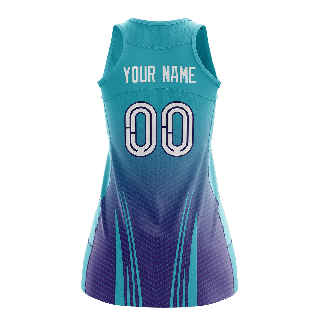 Custom Women Netball Dress | Aqua Purple V-Shaped Pinstripes Uniform with Name &amp; Number
